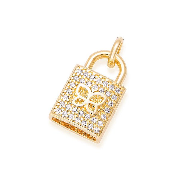 Pingente Rommanel No Formato Cadeado,Formado Por Um Lado Cravejado Por 34 Zircônias De 1,0 Mm E Detalhe De Borboleta, E