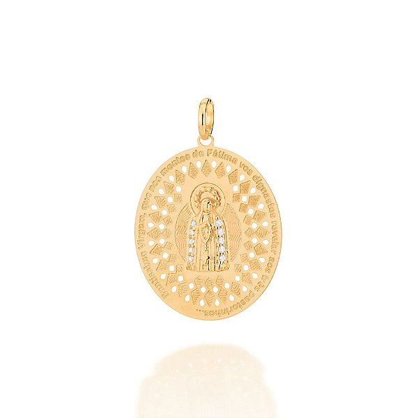 Pingente Rommanel Medalha Oval Nossa Senhora De Fátima, Cravejada Por 10 Zircônias De 1,25 Mm Med 3,9 Cm X 2,7 Cm