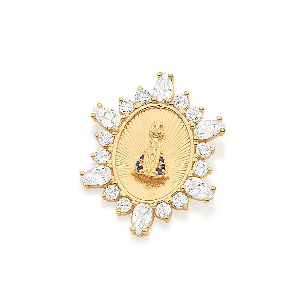 Pingente Rommanel Oval Composto Por 12 Zircônias De 2,50 Mm E 6 Zircônias Gotas De 3X5 Mm Ao Redor, Com Imagem De Nossa