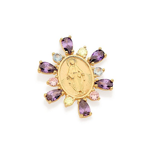 Pingente Rommanel Oval Composto Por 6 Zircônias De 2,5 Mm E 6 Zircônias Gotas De 3X5 Mm, Com Imagem De Nossa Senhora Das