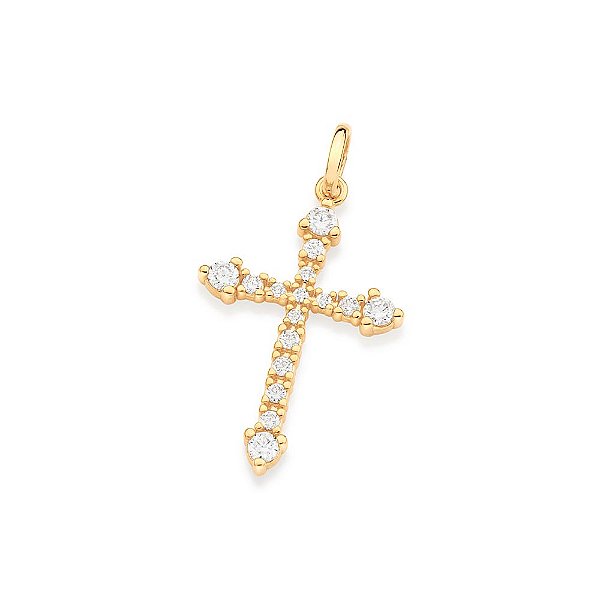 Pingente Formato Cruz Cravejado Por 5 Zircônias De 1,50 Mm, 7 Zircônias De 2,0 Mm E 4 Zircônias De 3,0 Mm Nas Pontas,Med