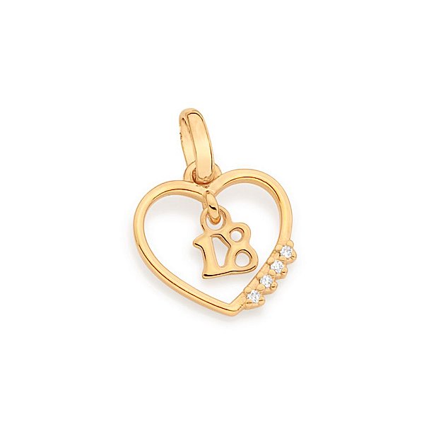 Pingente Formato Coração Cravejado Por 4 Zircônias De 1,0 Mm, Composto Por Número 18 Pendurado Ao Centro,Med 1,6 Cm X 1,