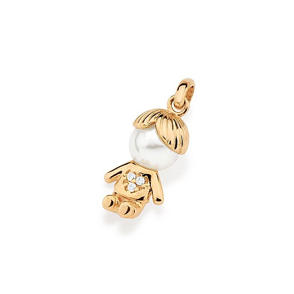 Pingente Formato Menino Composto Por Cabeça Com Pérola Sintética De 7,0 Mm, E Camiseta Cravejada Por 3 Zircônias De 1,0