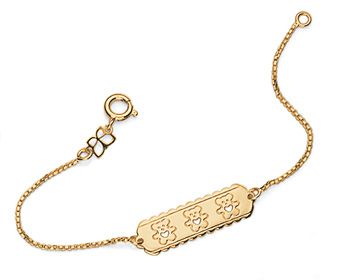 Pulseira Rommanel Infantil Formada Por Fio Veneziana 030 Tendo Peça Retângular Com 3 Ursos E Detalhes Coração Vazado Na
