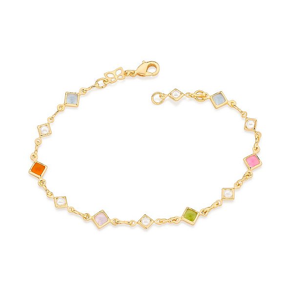Pulseira Rommanel De Pedras Coloridas Com Pérolas Sintéticas Intercaladas  Med 19 Ajustável A 18 Cm