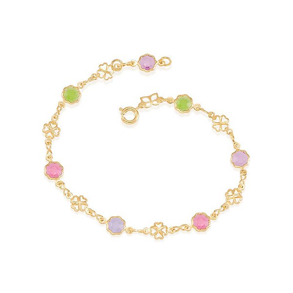 Pulseira Rommanel  Fio De Flores Coloridas Intercaladas Por Trevo Vazados  Med 20 Cm Ajustável 18 Cm