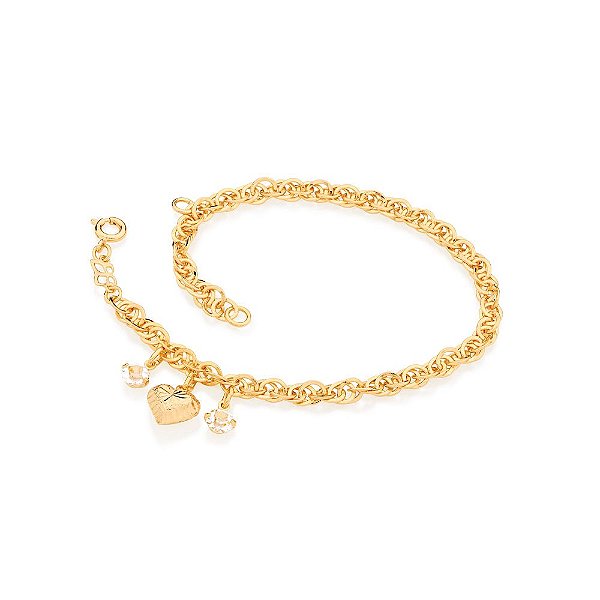 Pulseira Rommanel Formado Por Fio Entrelaçado Com Berloques De Cristais E Coração Diamantado Med 21 Cm Ajustável A 18 Cm