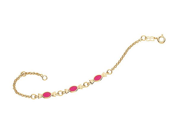 Pulseira Rommanel Infantil Formada Por Fio Elo Português Com Bombons Tendo Aplicação De Resina  Med 16 Ajustável A 14 Cm