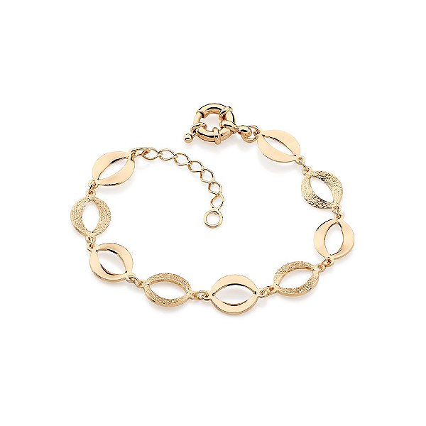 Pulseira Rommanel Formada Por Fio De Elos Ovais Vazados Intercalados Entre Lisos E DiamantadosMed 21 Ajustável A 18 Cm