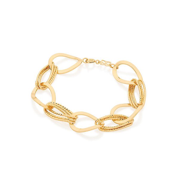 Pulseira Rommanel Formada Por Corrente De Elos Largos Lisos Intercalados Por Elos Triplos Diamantados Med 18 / 19 Cm