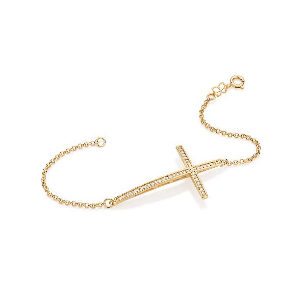 Pulseira Rommanel Formada Por Fio Elo Português Com Cruz De 4,8X2,5Cm Cravejado Por 41 Zircônias De 1,00Mm  Med 19 Cm