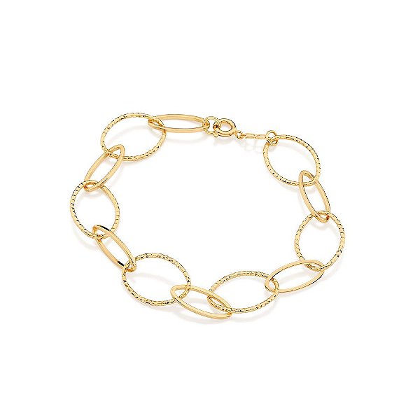 Pulseira Rommanel Formada Por Fios De Elos Oval Largos Trabalhados Intercalados Por Elos Oval Lisos Med 19 Cm(Joia Licen