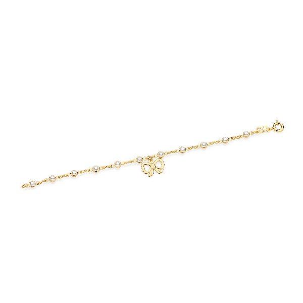 Pulseira Rommanel Infantil Formada Por Fio Com 11 Pérolas Sintéticas De 3Mm Tendo Berloque De Laço Pendurado  Med 14 Cm
