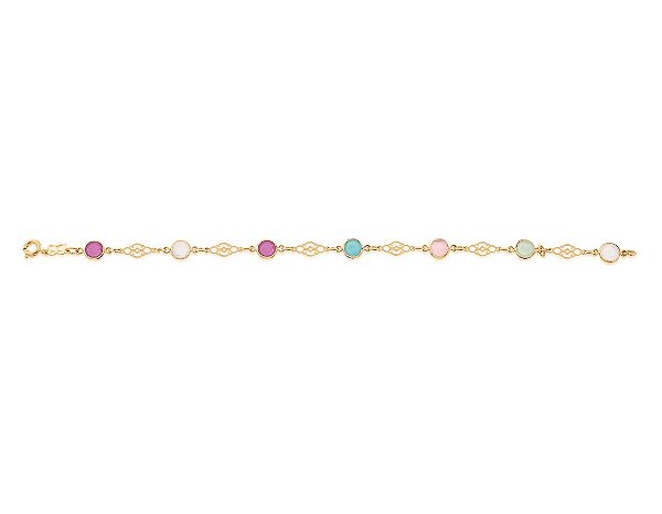 Pulseira Rommanel Formada Por Peças Trabalhadas E Vazadas Intercaladas Por Cristais Redondos Coloridos De 5 Mm  Med 20 A