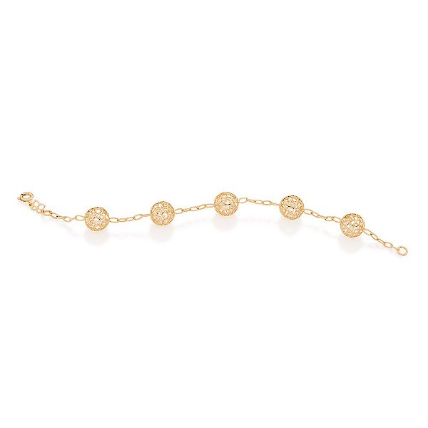 Pulseira Rommanel Formada Por Fio Com Elos Ovais Intercadalos Por Globos De 7 0Mm Com Detalhes Vazados Tendo 5 Cristais