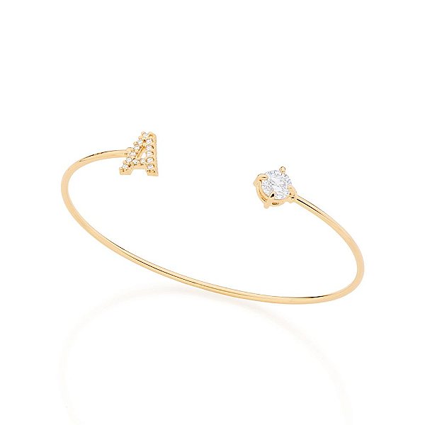 Bracelete Com Aro Aberto Tendo Em Um Lado 1 Zircônia Redonda De 6,00Mm E Do Outro 1 Letra Do Alfabeto Cravejada Por Zirc