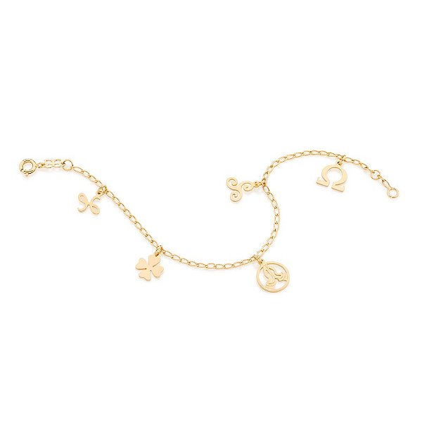 Pulseira Rommanel Formada Por Fio 0,50 , Composta Por 5 Pingentes Simbolos De "Amizade, Sorte, Namaste, Sabedoria E Cora