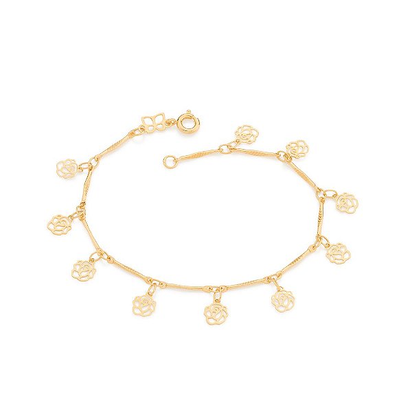 Pulseira Rommanel Formada Por Fio Palito Trabalhado, Intercalados Com Rosas "Flores"  Med 18 Cm(Joia Lic  Ana Hickmann 1