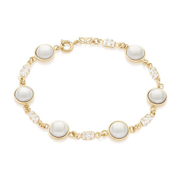 Pulseira Rommanel Composta Por 6 Pérolas Sintéticas De 8,00 Mm, Intercaladas Por 6 Zircônias Baguetes De 3X5 Mm Med 18 C