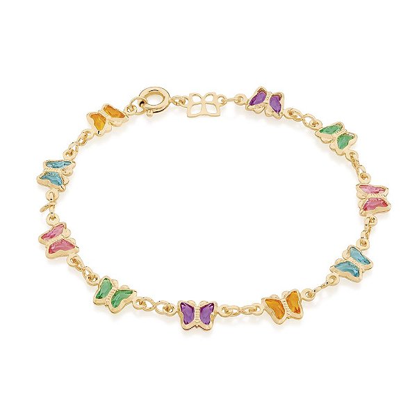 Pulseira Rommanel Infantil Formada Por Pingentes No Formato De Borboleta Com Cristais Coloridos Med 16 Cm Ajustável 14 C
