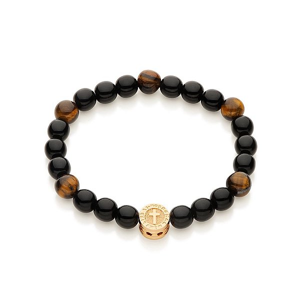 Pulseira Rommanel Shamballa Formada Por 5 Pedras Olho De Tigre De 8,0 Mm E 18 Pedras Pretas De 8,0 Mm, Com Peça Escrito