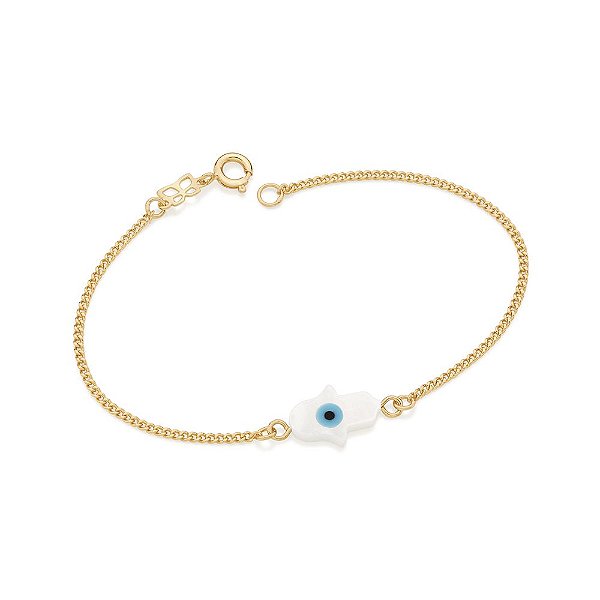 Pulseira Rommanel Formada Por Fio 0,40 Grumet Diamantada, Composto Por Pingente Mão De Fátima Com Olho Grego Med 18 Cm(J