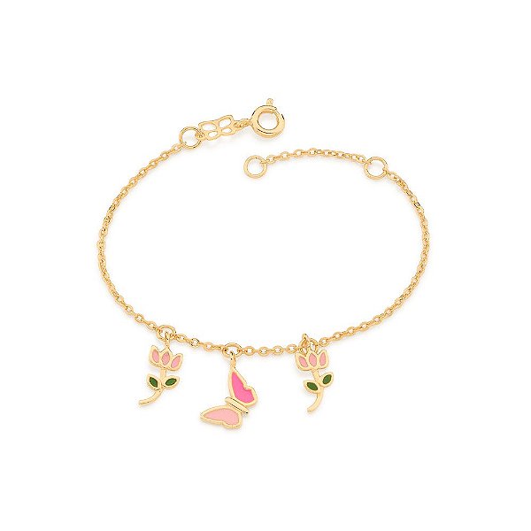 Pulseira Rommanel Infantil Formada Por Fio Elos Intercalados, Composta Por 2 Pingentes Formato Flor Tulipa E 1 Pingente