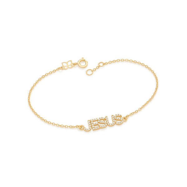 Pulseira Rommanel Formada Por Fio Elos Intercalados, Composta Por Pingente Escrito Jesus Cravejado Por 50 Zircônias De 1