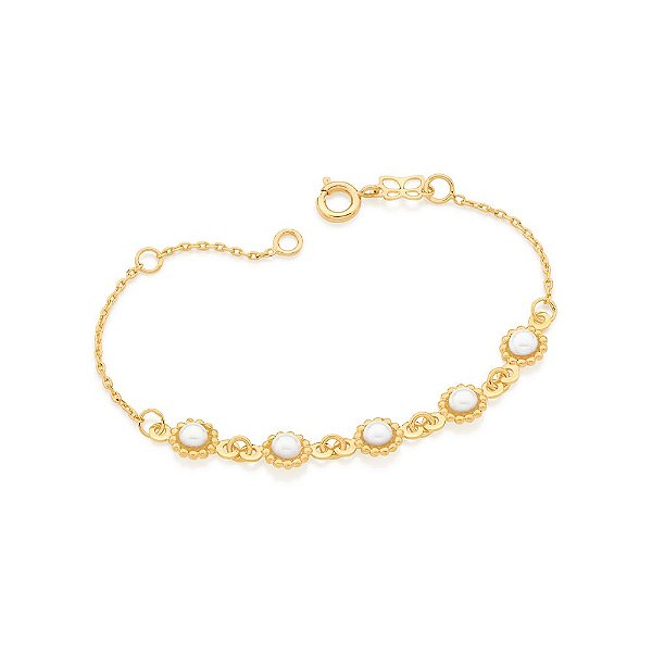 Pulseira Rommanel Infantil Formada Por Fio Elos Cadeado, Com Flores Composta Por 5 Pérolas De 4,0 MmMed 16 Cm Ajustável