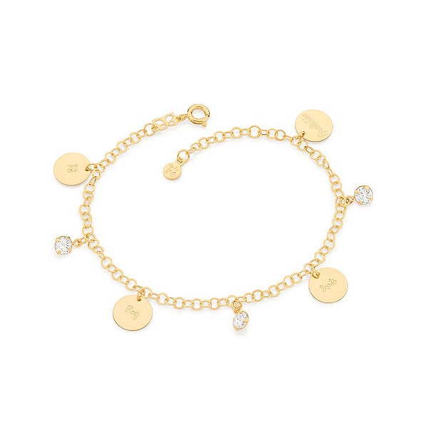 Pulseira Rommanel Formada Por Fio Elo Cadeado, Composta Por Medalhas Penduradas Escritas Fé, Paz, Sorte E Gratidão, Inte