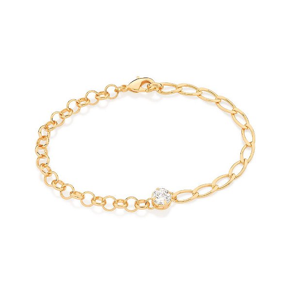 Pulseira Rommanel Composta Por Parte Fio Elo Português E Parte Fio Elo Lixado, Com 1 Zircônia De 6 MmMed 19 Cm(Joia Lic