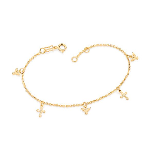 Pulseira Rommanel Composta Por Fio Elo Cadeado Oval Batido, Com 3 Espíritos Santos E 2 Cruzes PenduradasMed 19 Cm Ajustá