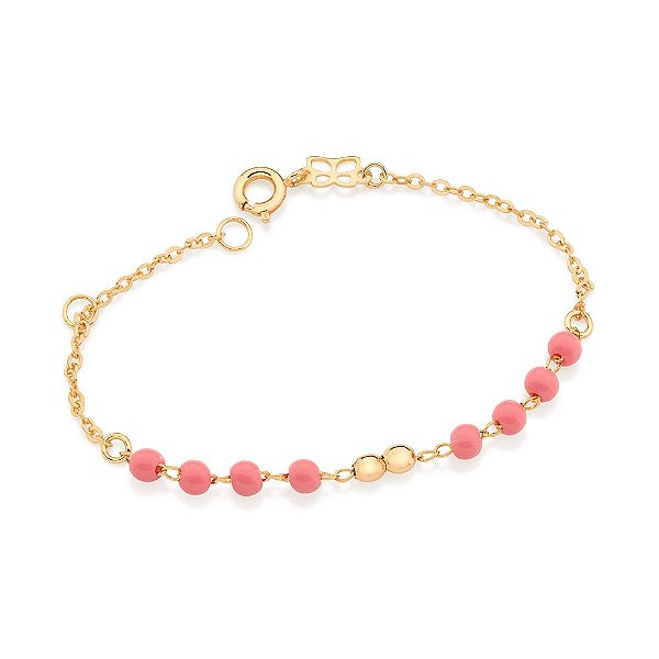 Pulseira Rommanel Infantil Formada Por Corrente Elo Cadeado Fio 0,35Mm Laminado, Composta Por 8 Miçangas Com 2 Bolinhas