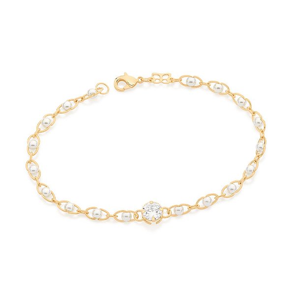 Pulseira Rommanel Formada Por Corrente Oval Composta Por 18 Pérolas Sintéticas De 3,0 Mm Dentro, Com 1 Zircônia De 6,0 M