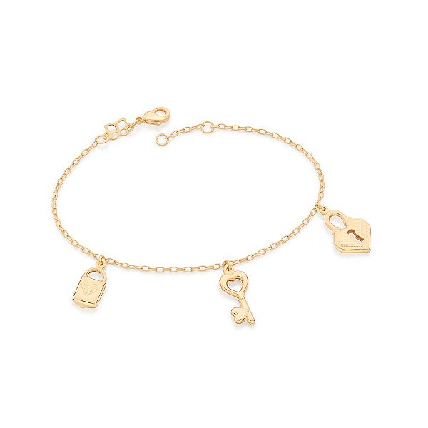 Pulseira Rommanel Formada Por Corrente De Elos Cadeados Ovais Fio 0,35 Mm, Composta Por 3 Pingentes Pendurados Nos Forma