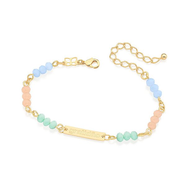 Pulseira Rommanel Composta Por 18 Cristais De 4,0 Mm, Com Medalha Retangular Escrito GratidãoMed 20 Cm Ajustável 15 Cm (