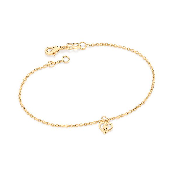 Pulseira Rommanel Formada Por Corrente De Elo Cadeado Laminado Fio 0,35 Mm, Composta Por Pingente Formato Coração Duplo