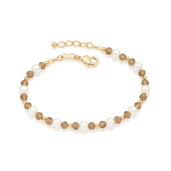 Pulseira Composta Por 20 Cristais Facetados De 4,0 Mm, 10 Pérolas De 5,0 Mm E 11 Esferas De 3,0 Mm Med 20 Cm Ajustável 1