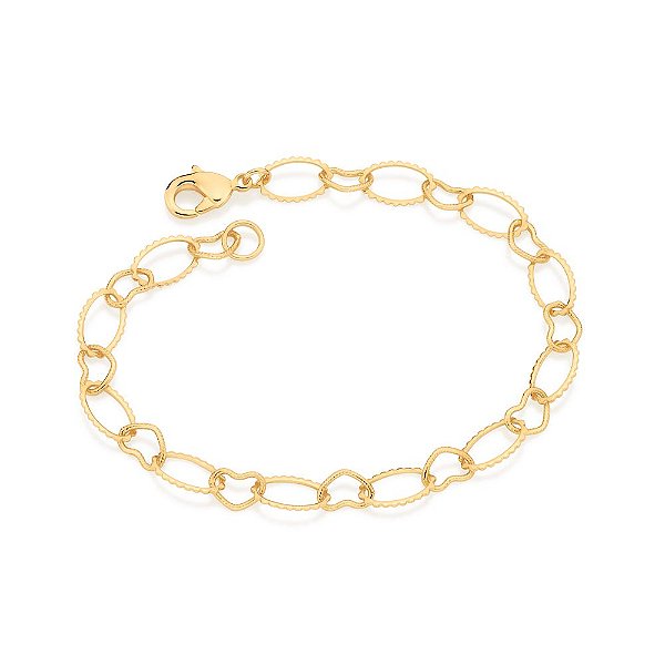 Pulseira Formada Por Corrente De Elos Ovais Ondulados Intercalados Com Elos De Corações Med 19 Cm (Joia Licen  Coleção A