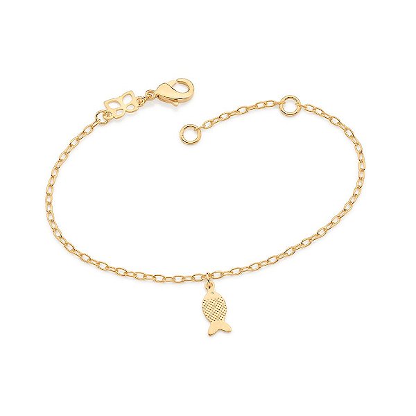Pulseira Rommanel Formada Por Corrente De Elo Cadeado Fio 0,35 Mm, Composta Por Pingente Rommanel Formato Peixe Pendurad