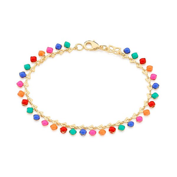 Pulseira Rommanel Formada Por Correntes De Elos Triangulares, Composta Por Bolas De Resina De 3,0 Mm,Med 16 Cm Ajustável