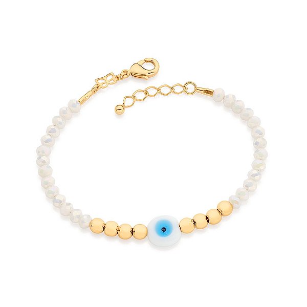 Pulseira Rommanel Composta Por 27 Cristais Facetados De 4,0 Mm, 8 Esferas De Metal De 4,50 Mm E 1 Pedra Natural Olho Gre