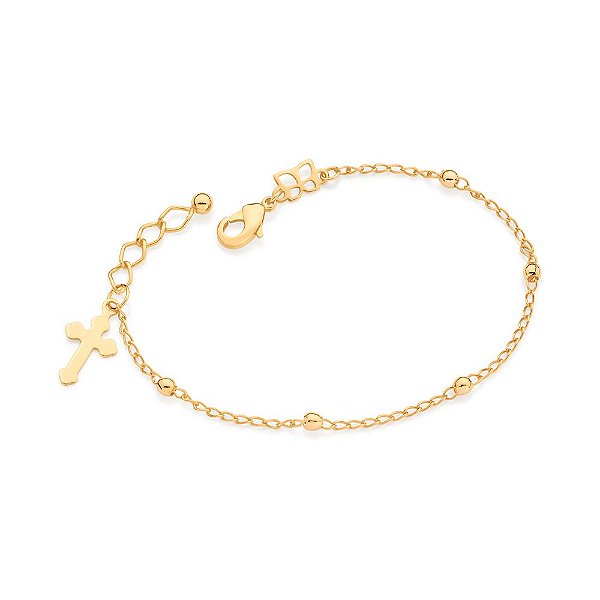 Pulseira Rommanel Formada Por Corrente De Elo Cadeado Intercalada Por 5 Bolas De 2,5 Mm, Composta Por Cruz Pendurada,Med