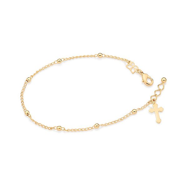 Pulseira Rommanel Formada Por Corrente De Elo Cadeado Intercalada Por 7 Bolas De 2,5 Mm, Composta Por Cruz Pendurada,Med