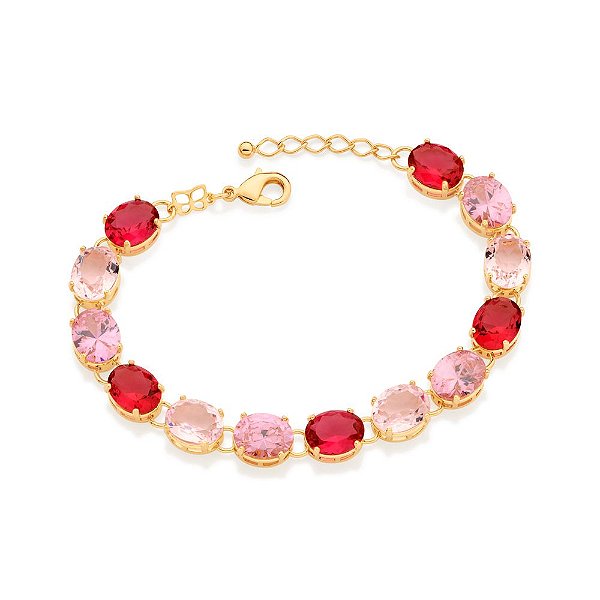 Pulseira Rommanel Composta Por 9 Cristais Ovais De 10 X 8 Mm E 4 Zircônias Ovais De 10 X 8 Mm,Med 20 Cm Ajustável 18 Cm