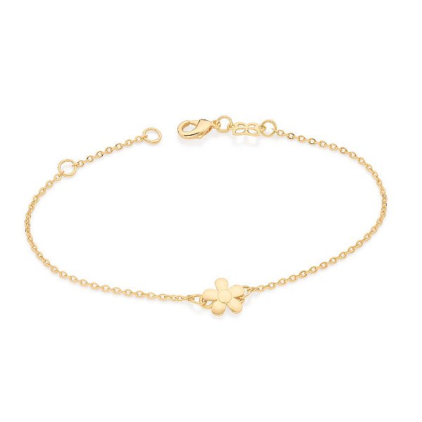 Pulseira Formada Por Corrente De Elo Cadeado Laminado Fio 0,35 Mm, Composta Por Pingente Formato Flor,Med 19 Cm Ajustáve