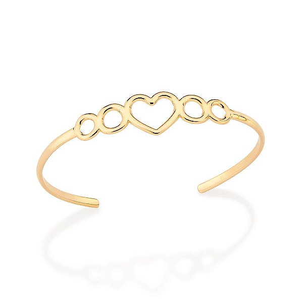 Bracelete Com 4 Círculos Vazados De Tamanhos Diferentes E 1 Coração Ao Centro,Med 6,5 Cm De Diâmetro (Externo)