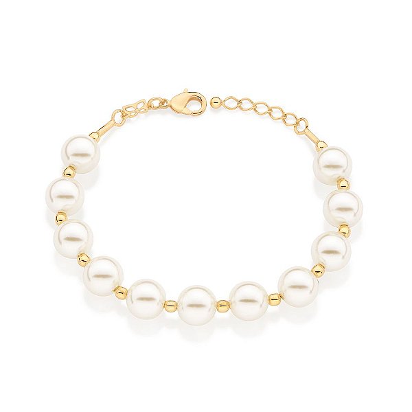Pulseira Formada Por 11 Pérolas Sintéticas De 10 Mm Intercaladas Por 12 Esferas De 3,0 Mm,Med 20 Cm Ajustável 18 Cm