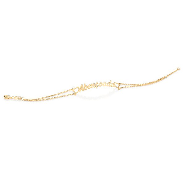 Pulseira Formada Por Corrente De Elo Cadeado Laminado Fio 0,35 Mm, Composta Por Pingente Escrito Abençoada Com Corações