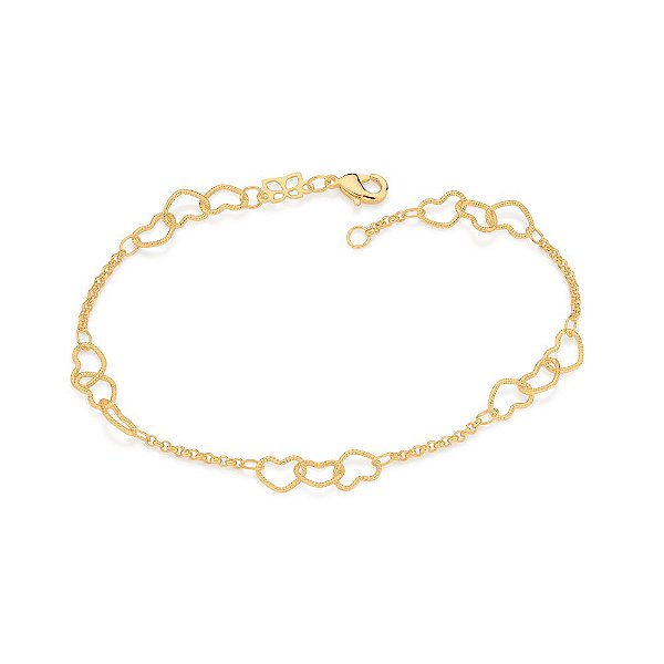 Pulseira Formada Por Corrente De Elo Cadeado Fio 0,40 Mm Intercalada Por 3 Corações Vazados,Med 20 Cm